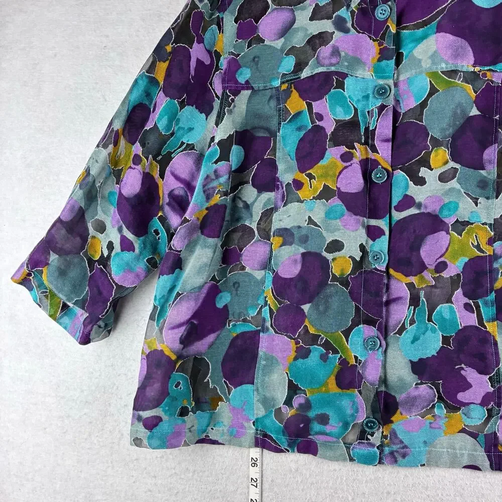Toni Morgan 3/4 Sleeve Button Up Sheer Blouse Jacket Women's 2X Abstract Artsy